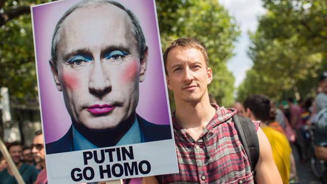 A protester in Berlin, Germany demonstrating against Russian anti-gay law