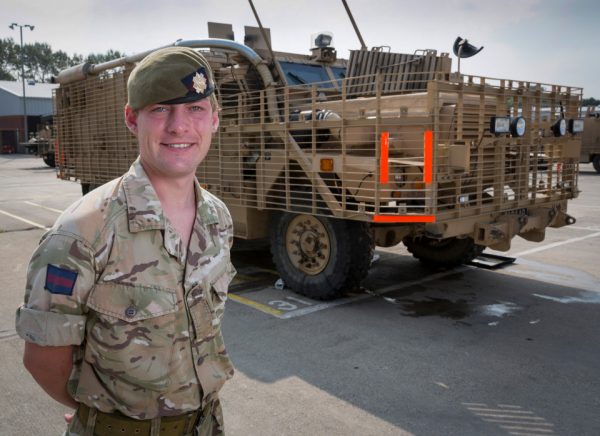 Pic Doug Seeburg Guardsman Chloe Allen of the 1st Battalion Scots Guards. After becoming a women she is the first female frontline soldier in the history of the British Army. With the 28 ton Mastiff vehicle she drives.